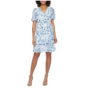 Be by Chetta B Floral Print Puff Sleeve Ruched Sheath Dress Blue Women's 16 NWT
